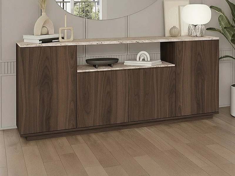 Buffet avec 4 portes et 1 étagère - Naturel foncé et effet travertin beige - LOTULA