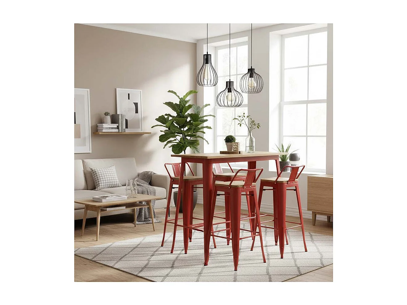 Tabouret de bar en métal laqué et bois d'orme huilé (Lot de 2)