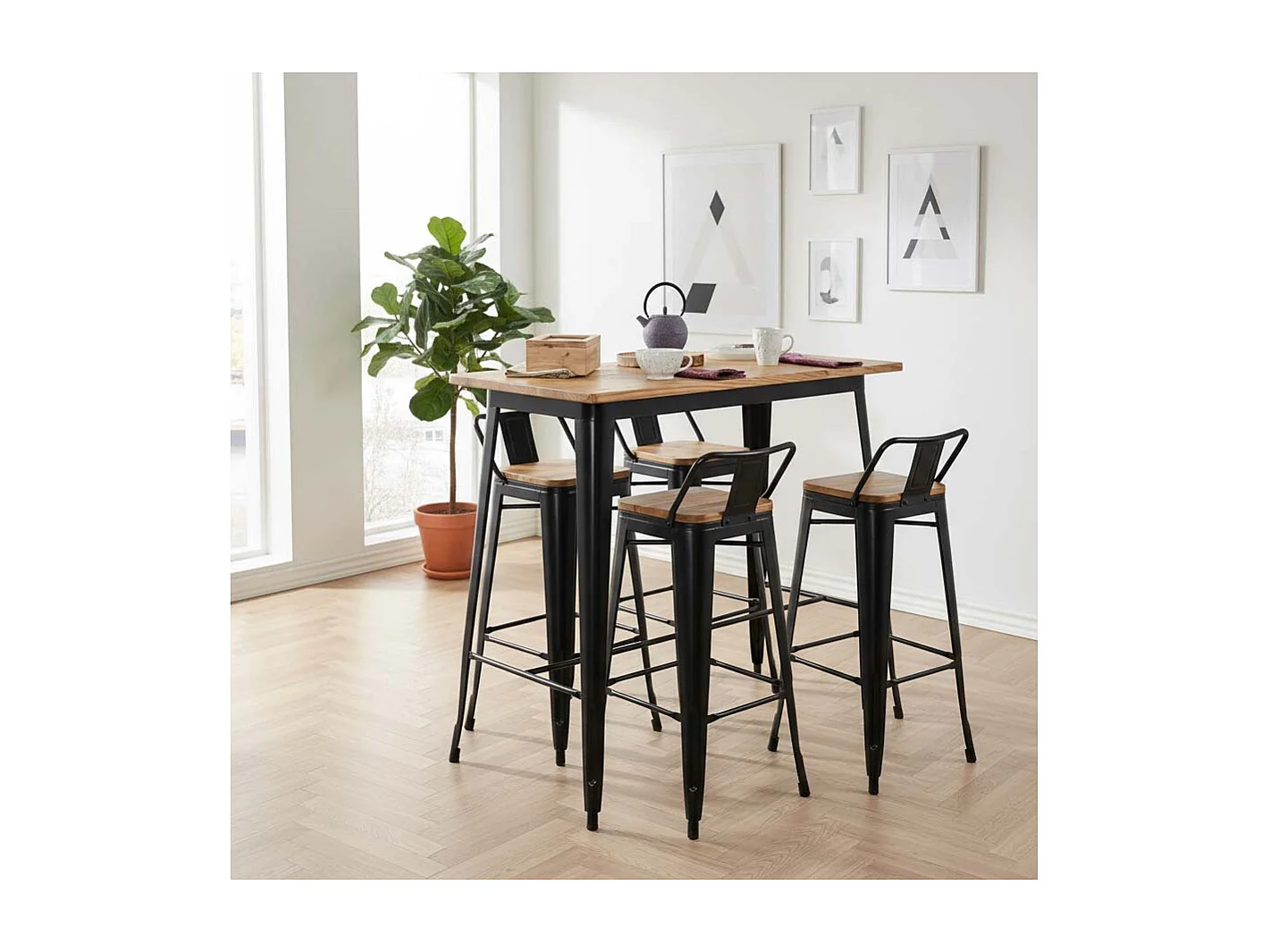 Tabouret de bar en métal laqué et bois d'orme huilé (Lot de 2)