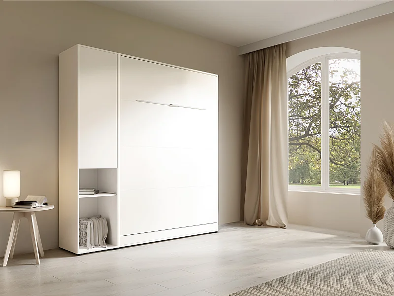 Colonne de rangements pour lit escamotable – Avec étagère – 1 porte et 2 niches - Blanc – MOVELINO