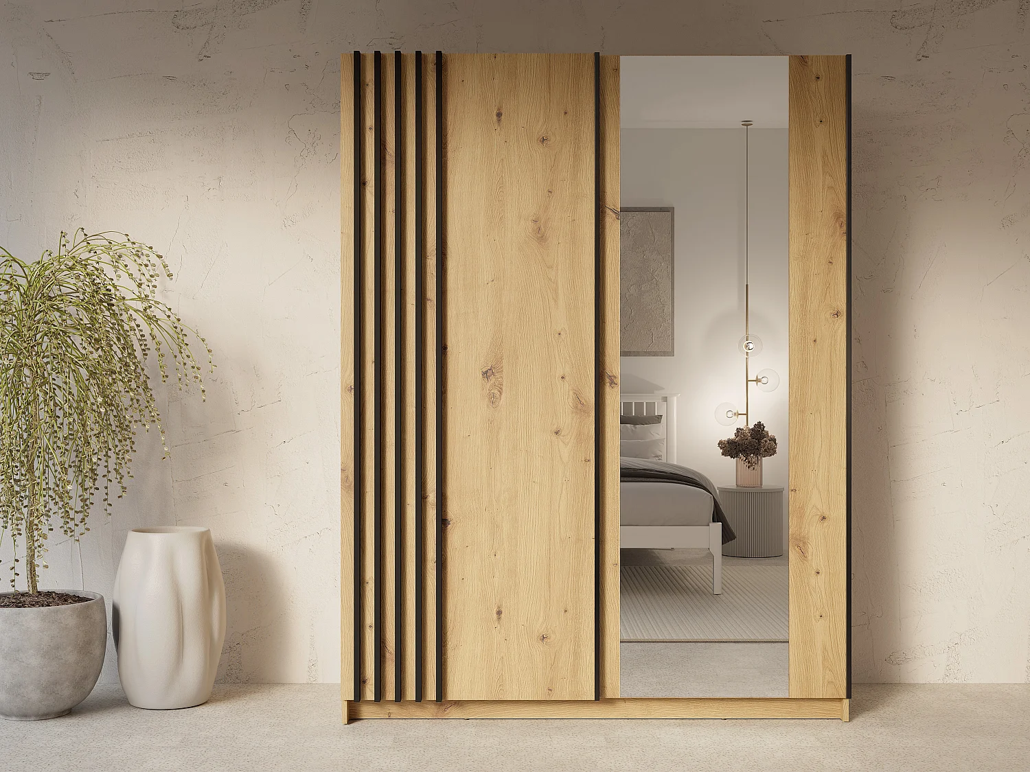 Garderob med 2 skjutdörrar - Med spegel - B150 cm – Färg: Naturlig och svart - CALELA