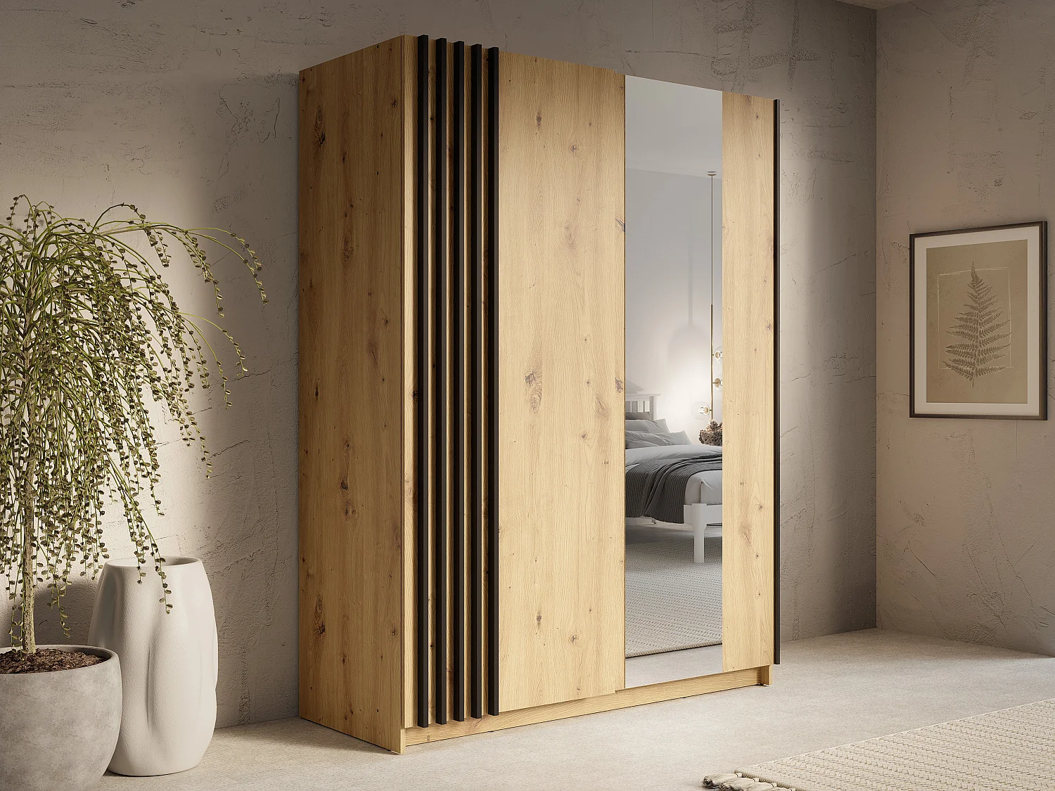 Garderob med 2 skjutdörrar - Med spegel - B150 cm – Färg: Naturlig och svart - CALELA