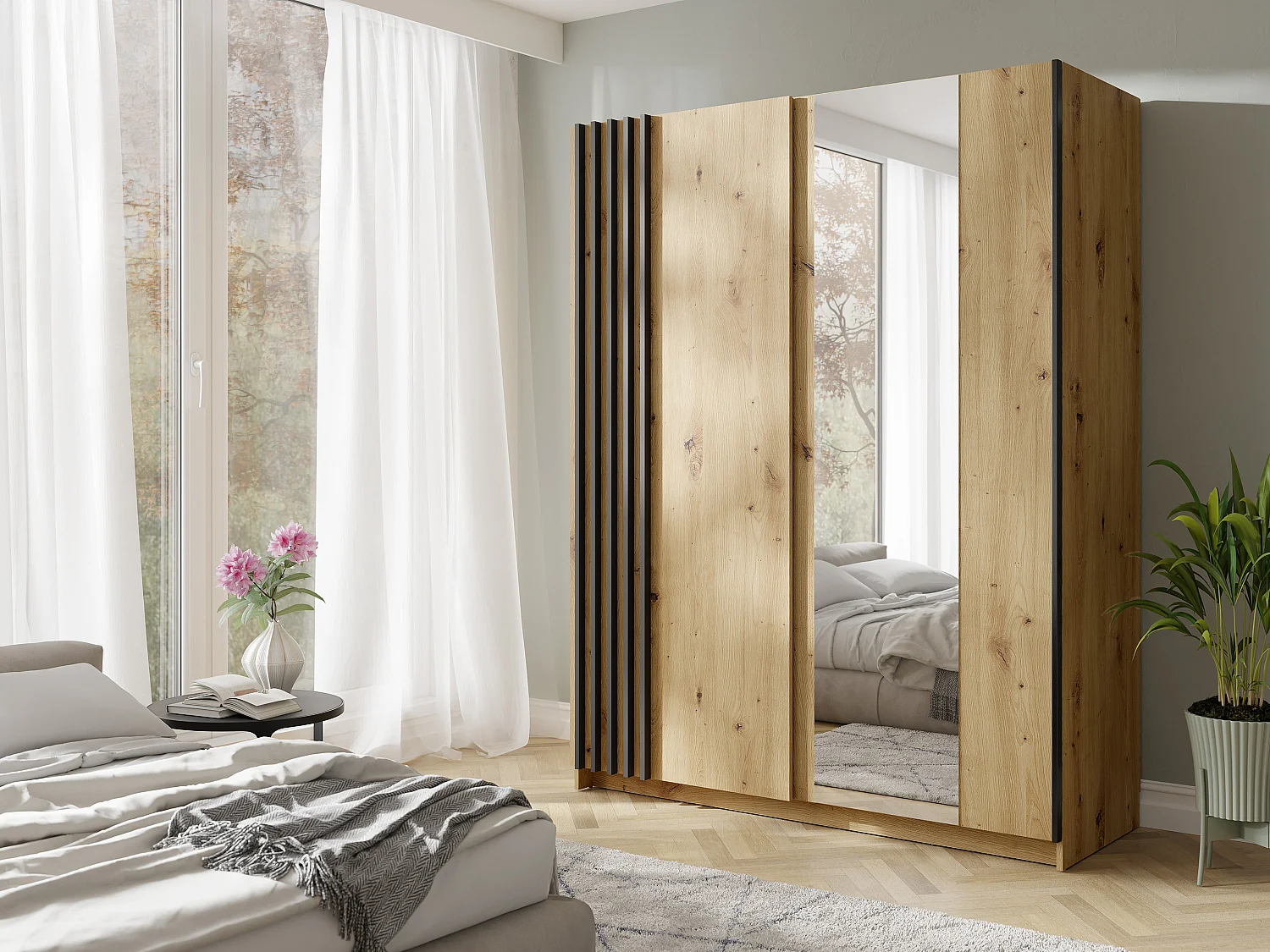 Garderob med 2 skjutdörrar - Med spegel - B150 cm – Färg: Naturlig och svart - CALELA