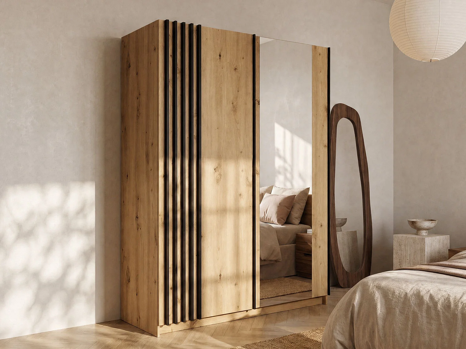 Kast met 2 schuifdeuren - Met spiegel - B150 cm - Kleur: Naturel en zwart - CALELA