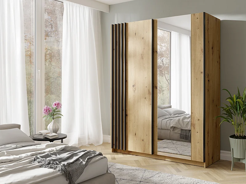 Armoire 2 portes coulissantes - Avec miroir - L150 cm – Coloris : Naturel et noir - CALELA