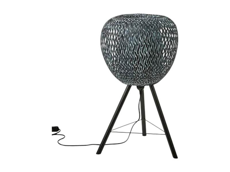 Lampe forme Pomme en bambou ajouré tons gris bleuté et pieds métal D33xH59cm