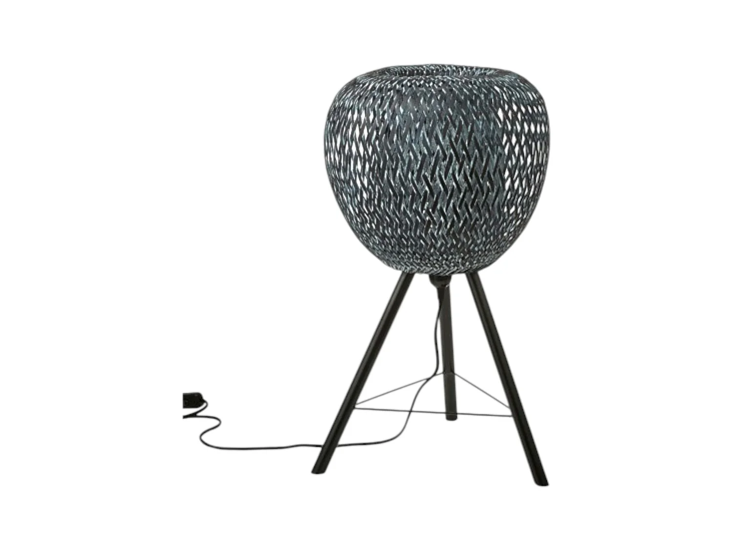 Lampe forme Pomme en bambou ajouré tons gris bleuté et pieds métal D33xH59cm