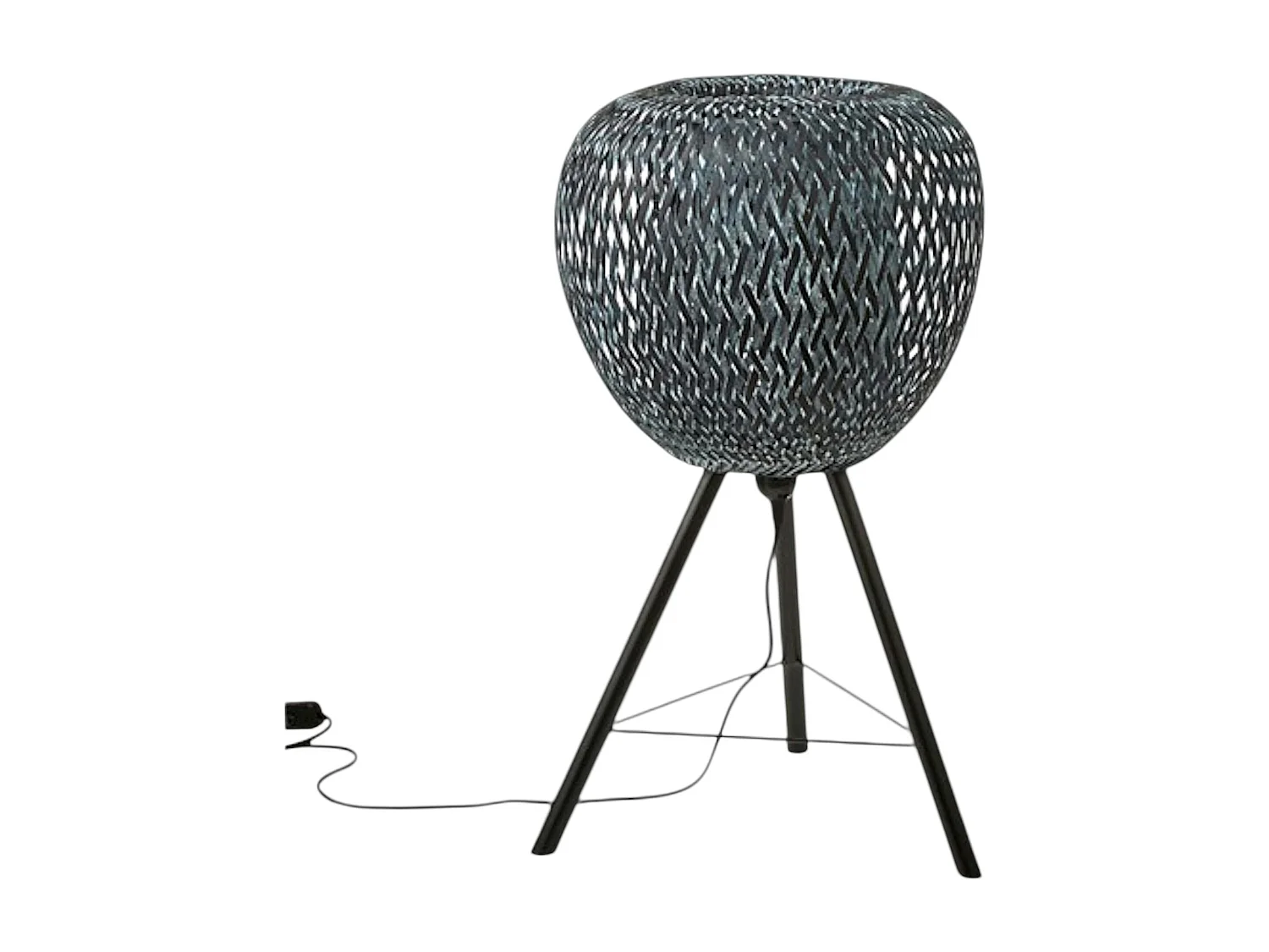 Lampe forme Pomme en bambou ajouré tons gris bleuté et pieds métal D33xH59cm