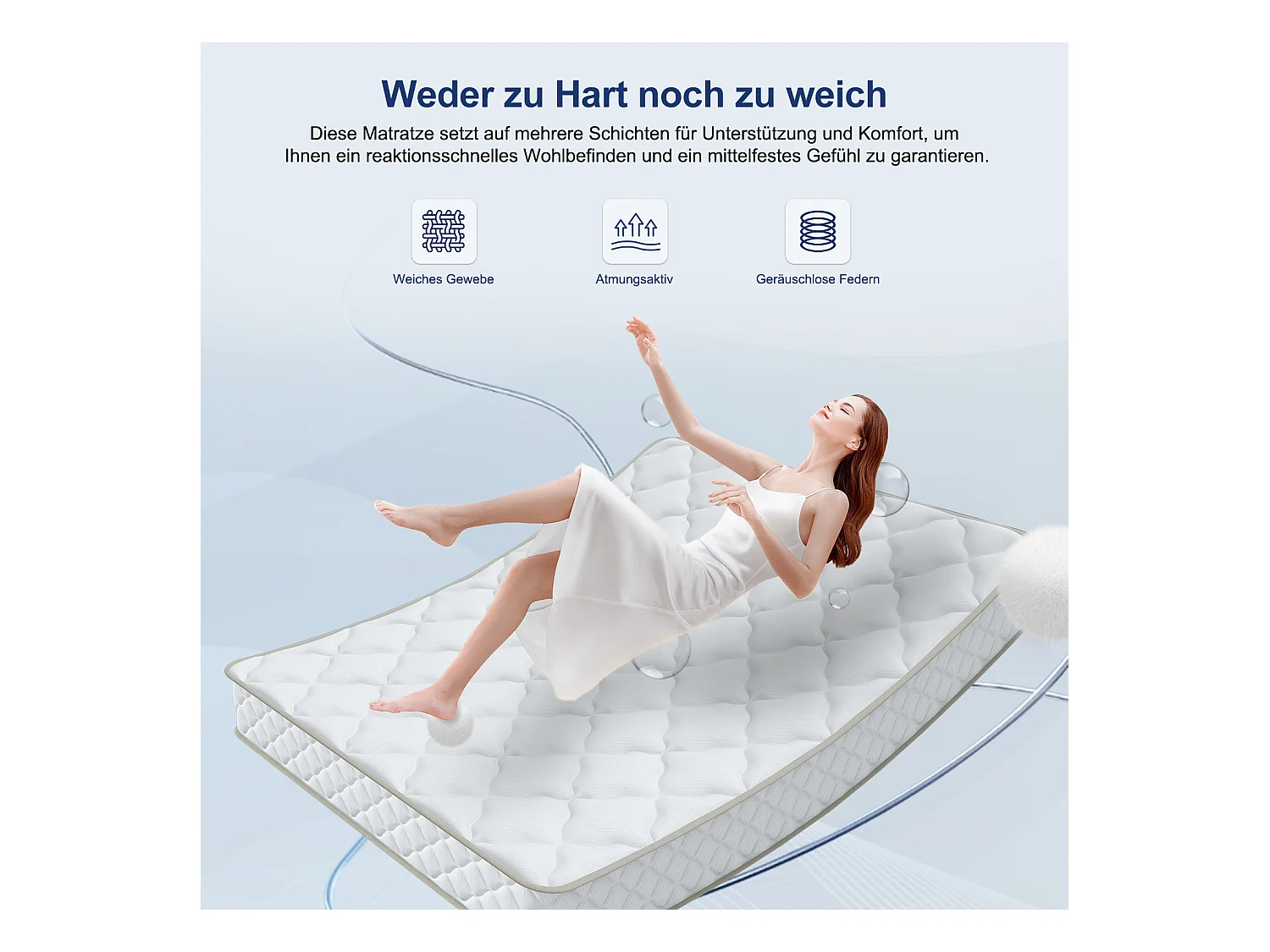 Taschenfederkernmatratze 160 x 200 cm - 7 Komfortzonen - Rückenentlastung - Stärke 22cm - H3 - Memory Schaum - mit Spannbettlaken - Atmungsaktiv - Weiß