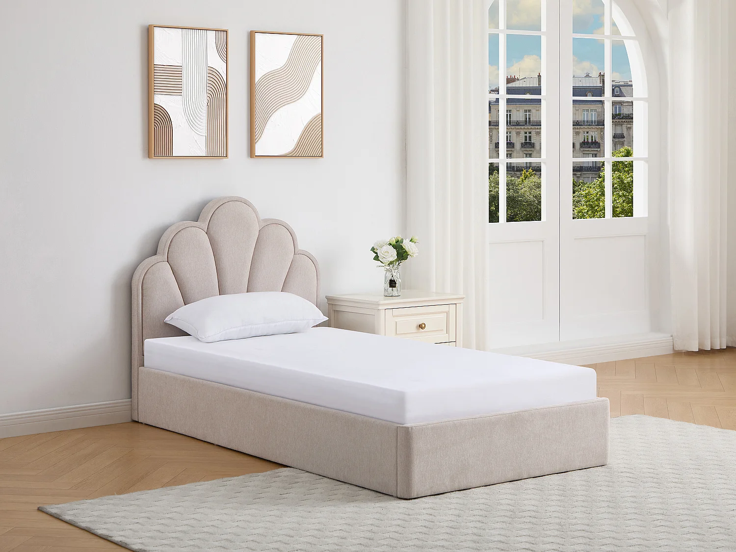 Lit coffre coquillage 90 x 190 cm – Tissu – Beige - CORALUNO