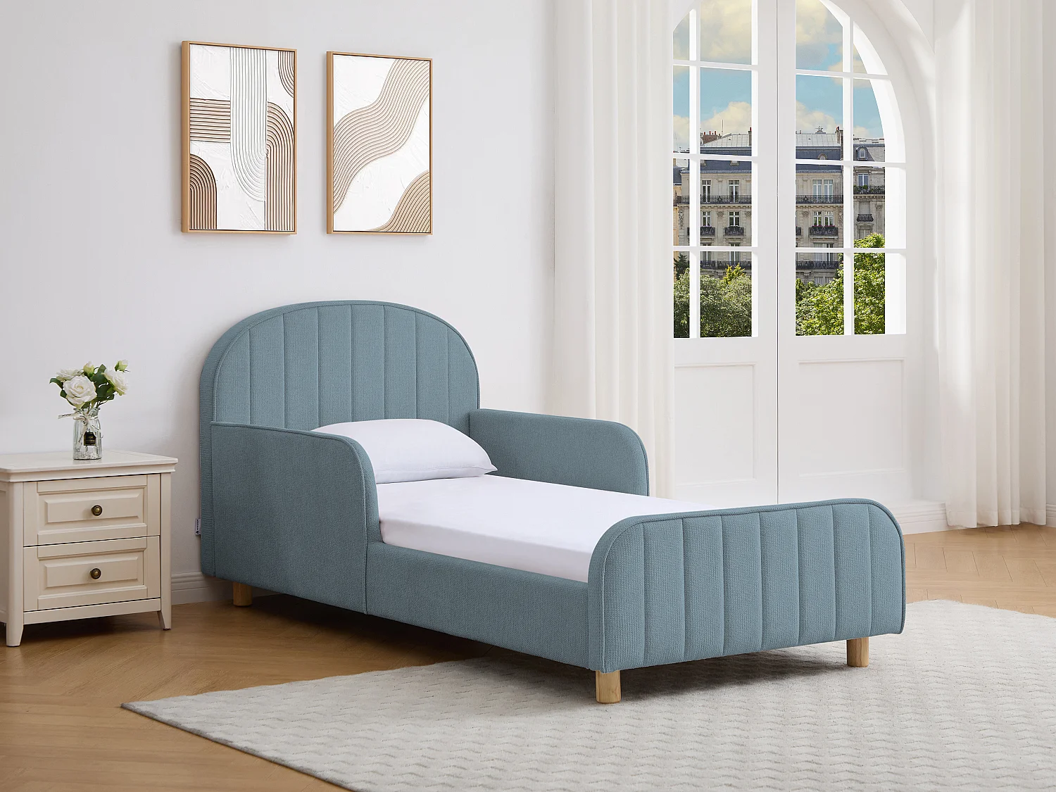 Lit 90 x 190 cm – Tissu texturé – Bleu – MIRAVELO