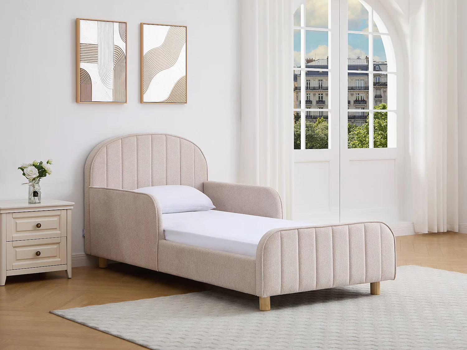 Lit 90 x 190 cm – Tissu texturé – Beige – MIRAVELO