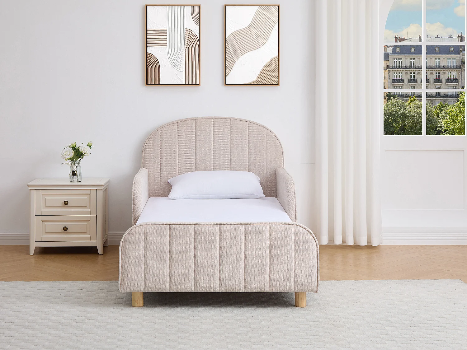 Lit 90 x 190 cm – Tissu texturé – Beige – MIRAVELO