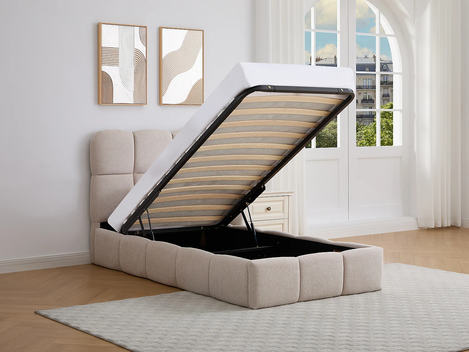 Lit coffre 90 x 190 cm – Tissu texturé – Beige – DILUDO