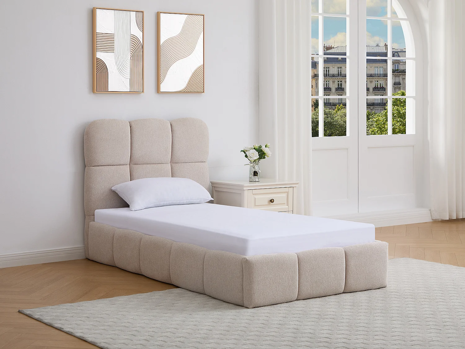 Lit coffre 90 x 190 cm – Tissu texturé – Beige – DILUDO