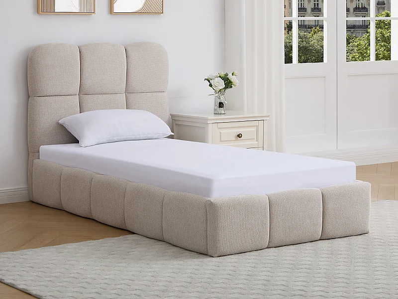 Lit coffre 90 x 190 cm – Tissu texturé – Beige – DILUDO