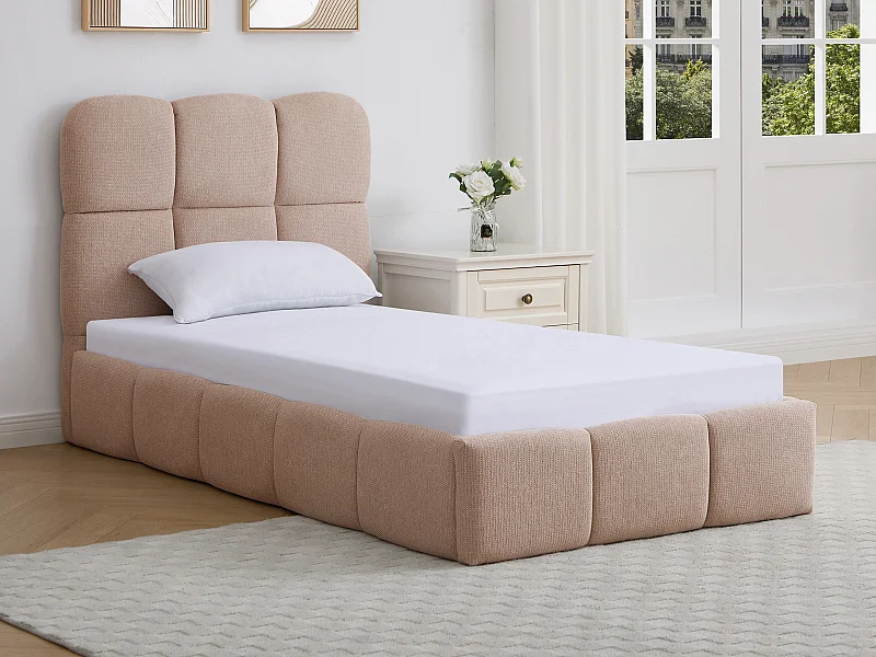 Lit coffre 90 x 190 cm – Tissu texturé – Rose – DILUDO