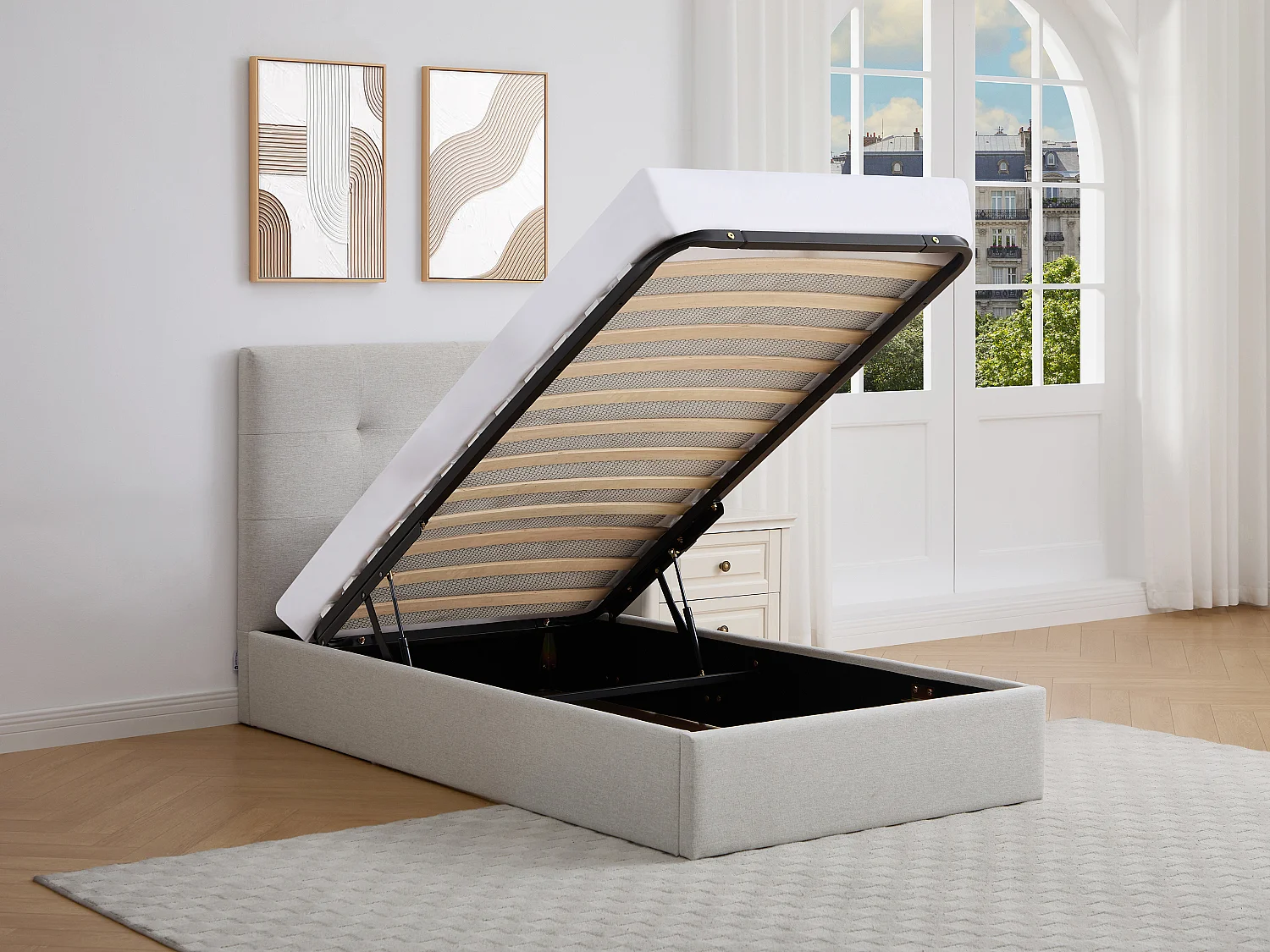 Lit coffre 90 x 190 cm – Tissu – Beige – CALINIDA