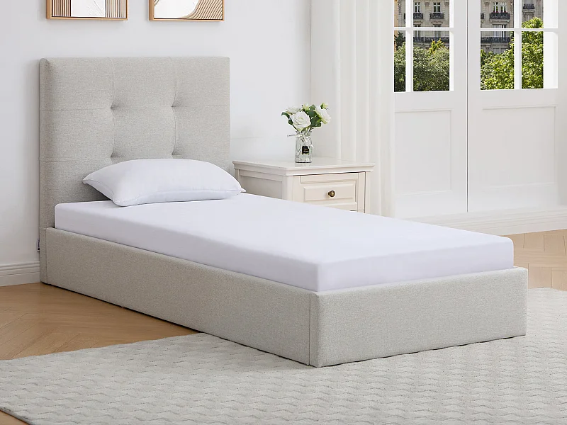 Lit coffre 90 x 190 cm – Tissu – Beige – CALINIDA