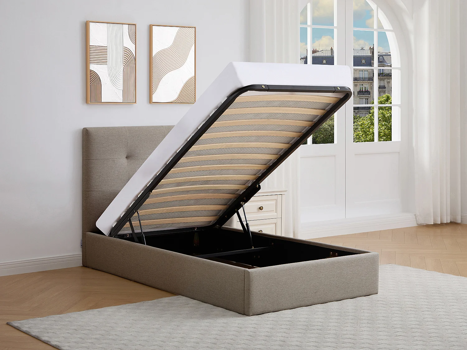 Lit coffre 90 x 190 cm – Tissu – Taupe – CALINIDA