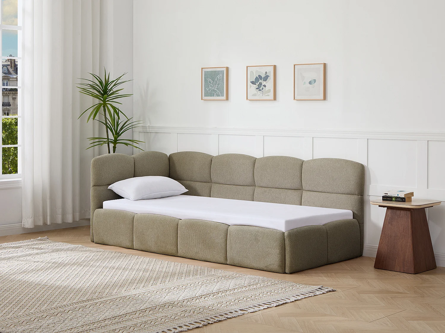 Lit gigogne 2 x 80 x 200 cm – Avec sommier peigne – Tissu texturé – Taupe – PLURANIO