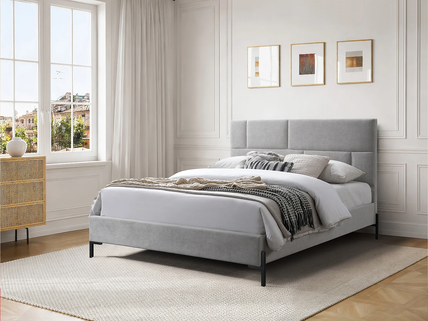 Lit 160 x 200 cm avec tête de lit rembourrée – Tissu – Gris clair – NOULAVO