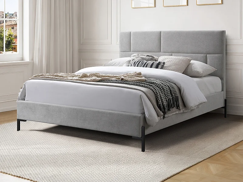 Lit 160 x 200 cm avec tête de lit rembourrée – Tissu – Gris clair – NOULAVO
