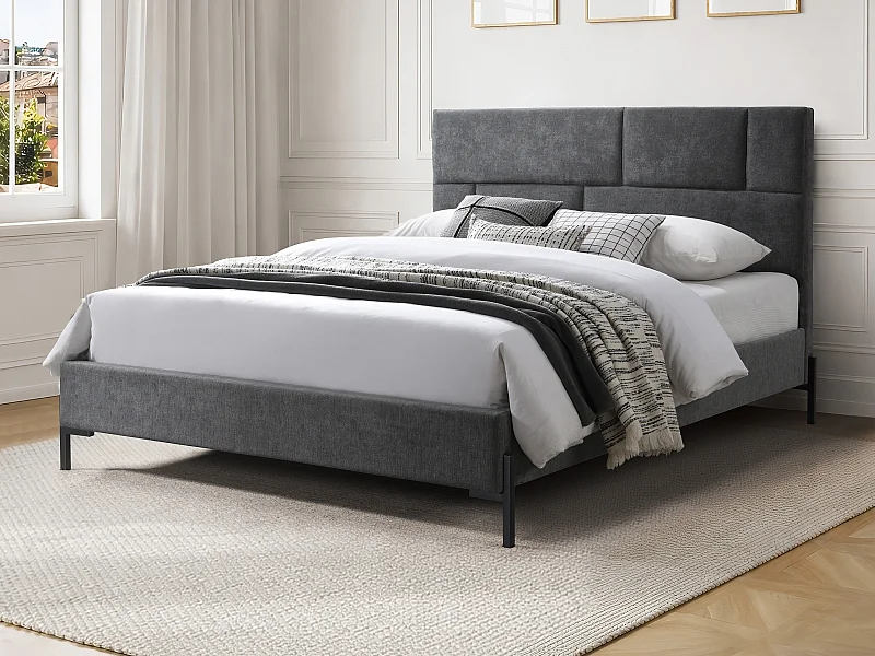 Lit 160 x 200 cm avec tête de lit rembourrée – Tissu –  Gris – NOULAVO