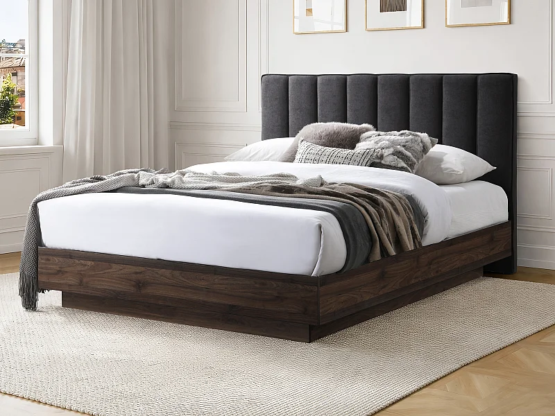 Lit 160 x 200 cm avec tête de lit en tissu – Gris et naturel foncé – VONYLA