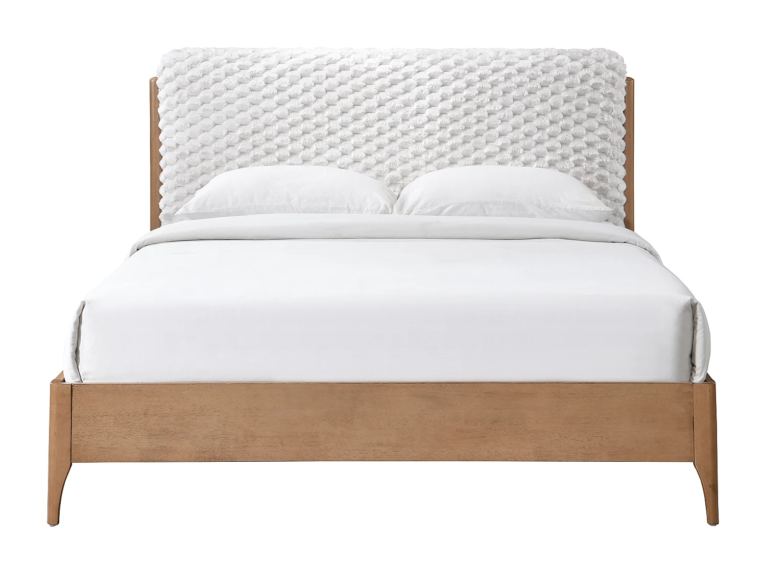 Lit 160 x 200 cm avec tête de lit en fausse fourrure – Blanc et naturel – SERAVELA