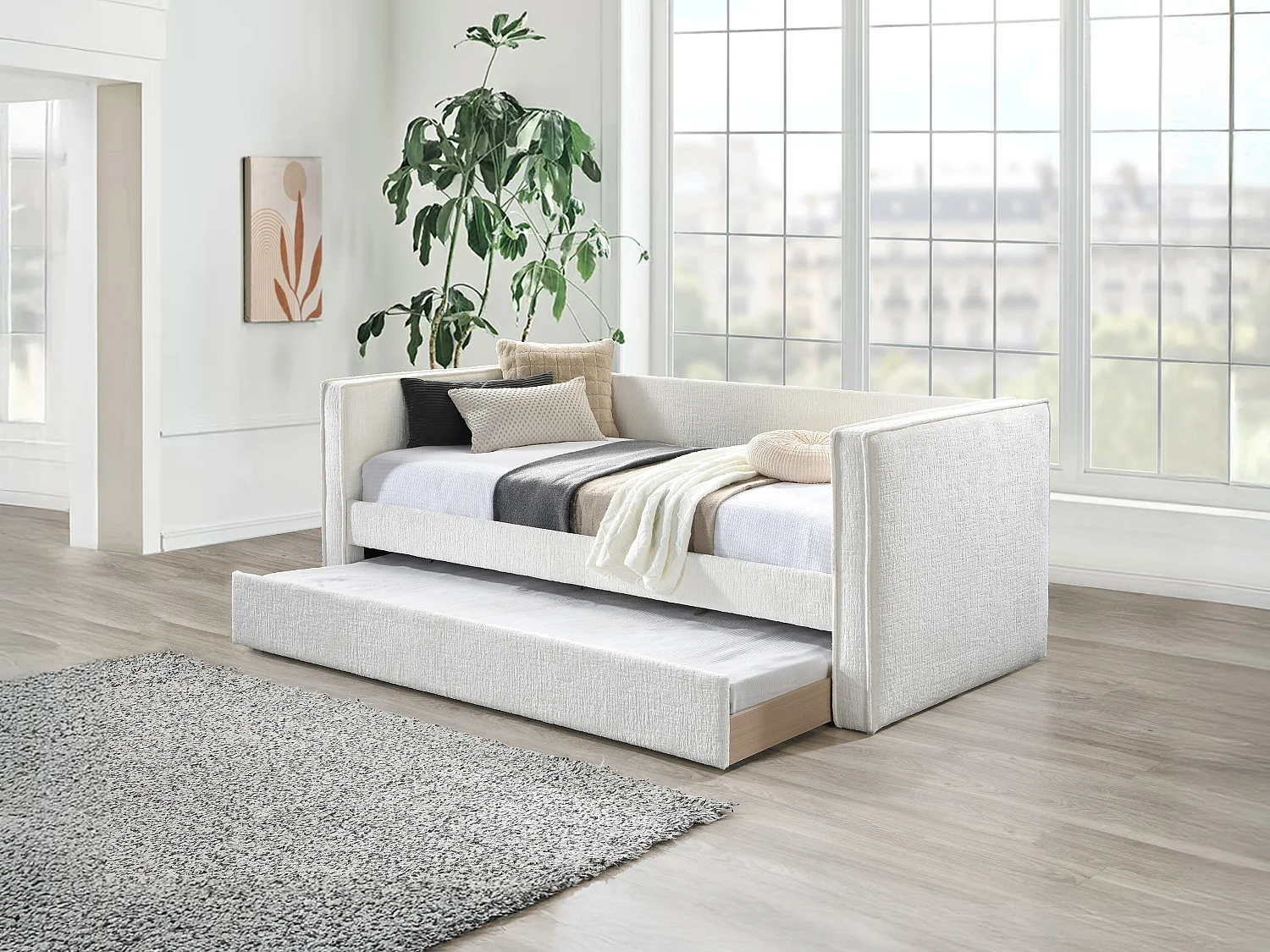 Lit banquette avec tiroir gigogne 2 x 90 x 190 cm – Tissu texturé – Blanc – SULAZO
