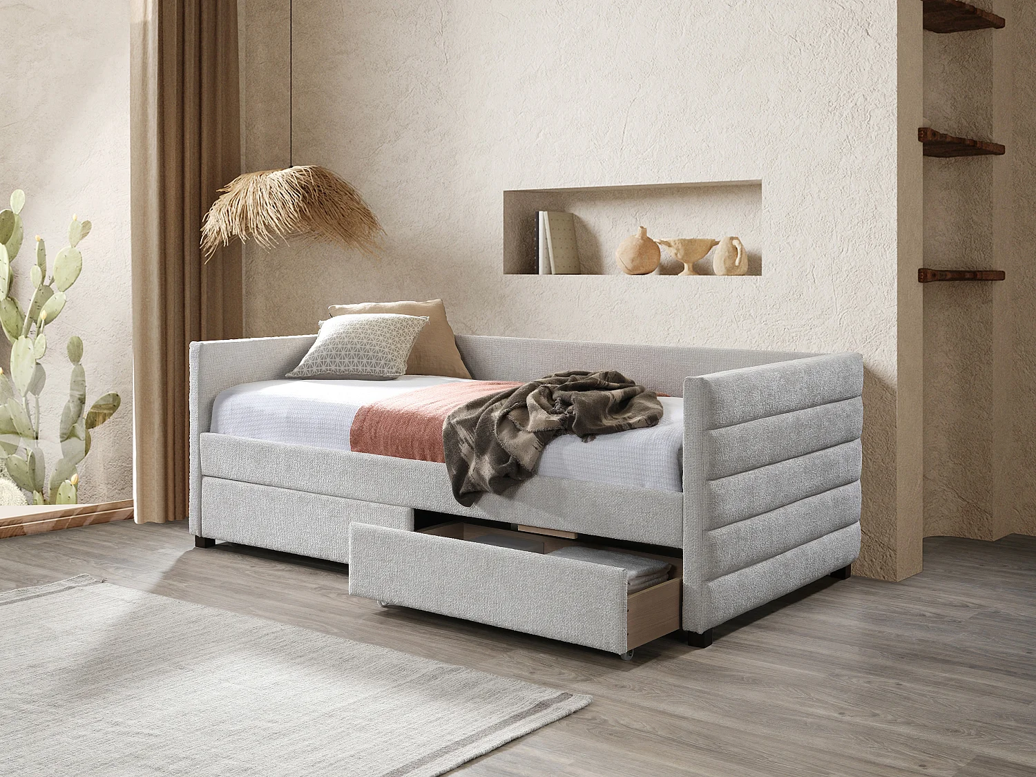 Lit banquette 90 x 190 cm avec tiroirs – Tissu texturé – Gris – ORENALO