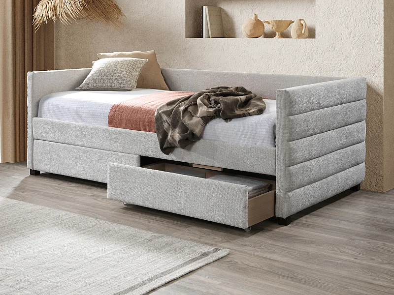 Lit banquette 90 x 190 cm avec tiroirs – Tissu texturé – Gris – ORENALO