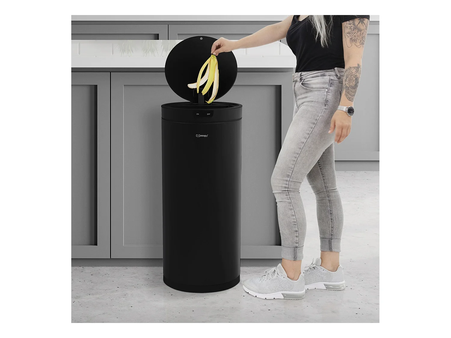 ML-Design Pattumiera automatica 40L, cestino per rifiuti con sensore rotondo in acciaio verniciato nero, anello per sacchetti, per cucina e ufficio