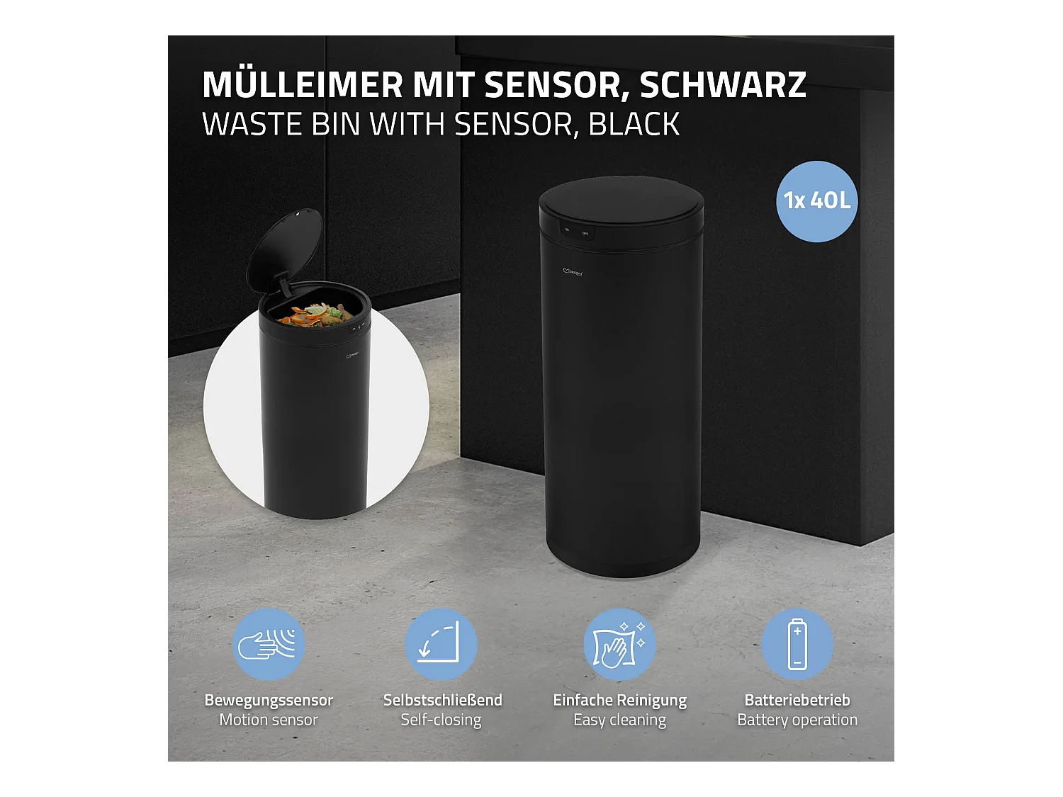 ML-Design Pattumiera automatica 40L, cestino per rifiuti con sensore rotondo in acciaio verniciato nero, anello per sacchetti, per cucina e ufficio