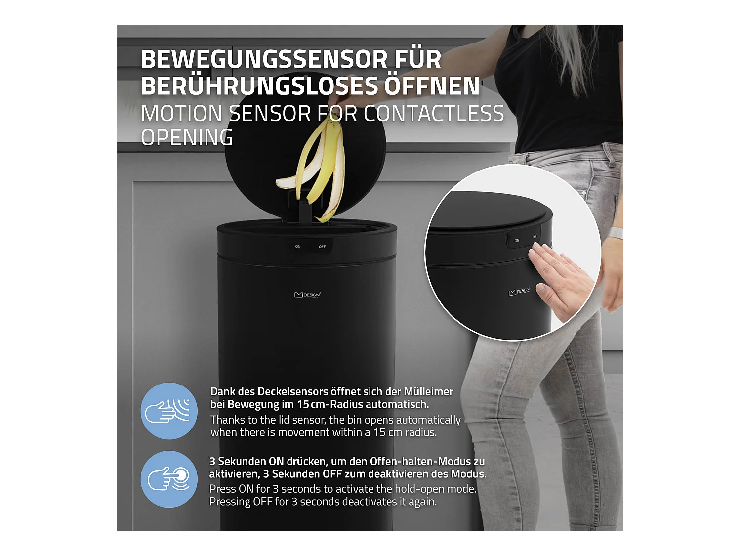 ML-Design Pattumiera automatica 40L, cestino per rifiuti con sensore rotondo in acciaio verniciato nero, anello per sacchetti, per cucina e ufficio