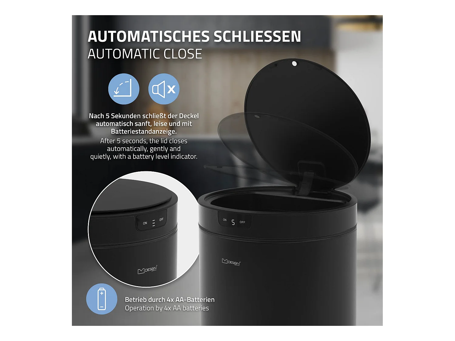 ML-Design Pattumiera automatica 40L, cestino per rifiuti con sensore rotondo in acciaio verniciato nero, anello per sacchetti, per cucina e ufficio