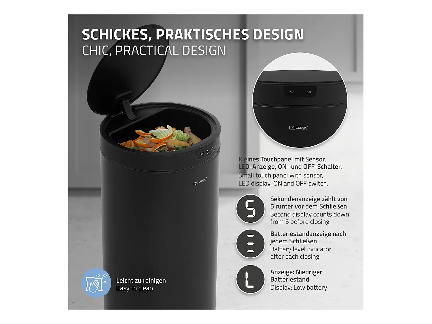 ML-Design Pattumiera automatica 40L, cestino per rifiuti con sensore rotondo in acciaio verniciato nero, anello per sacchetti, per cucina e ufficio