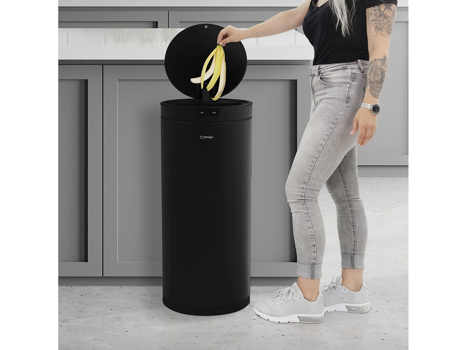 ML-Design Pattumiera automatica 40L, cestino per rifiuti con sensore rotondo in acciaio verniciato nero, anello per sacchetti, per cucina e ufficio