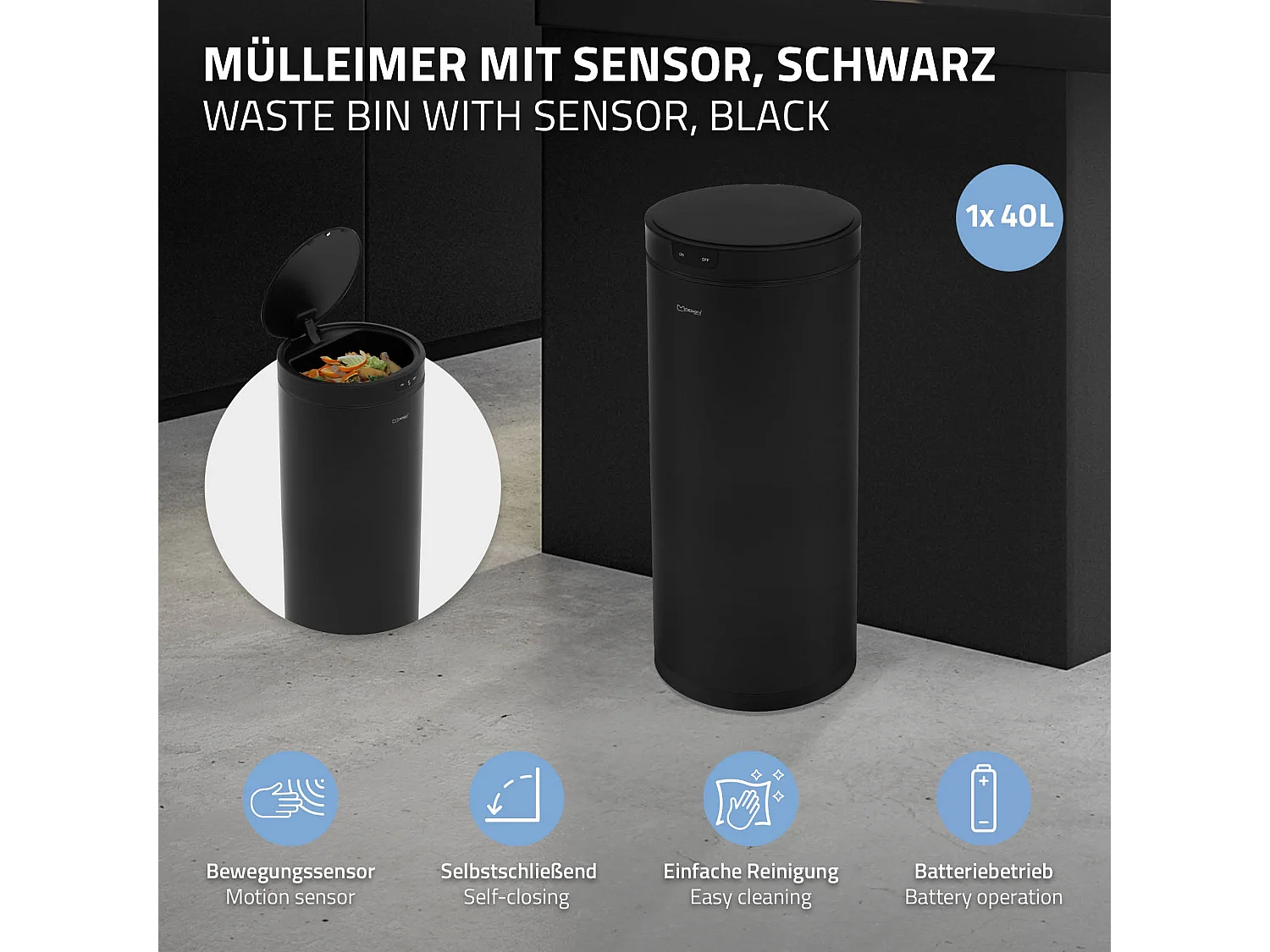 ML-Design Pattumiera automatica 40L, cestino per rifiuti con sensore rotondo in acciaio verniciato nero, anello per sacchetti, per cucina e ufficio