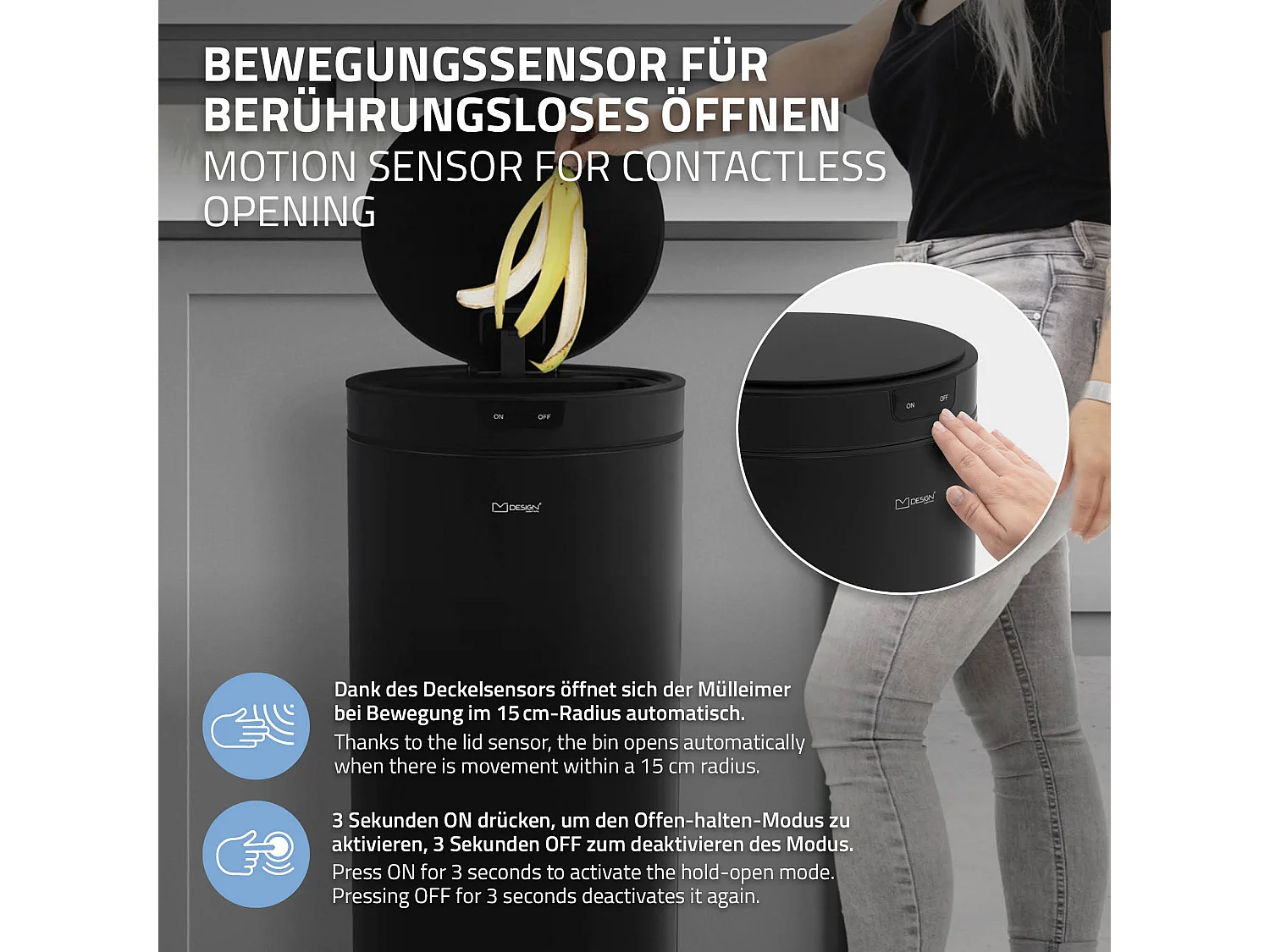 ML-Design Pattumiera automatica 40L, cestino per rifiuti con sensore rotondo in acciaio verniciato nero, anello per sacchetti, per cucina e ufficio