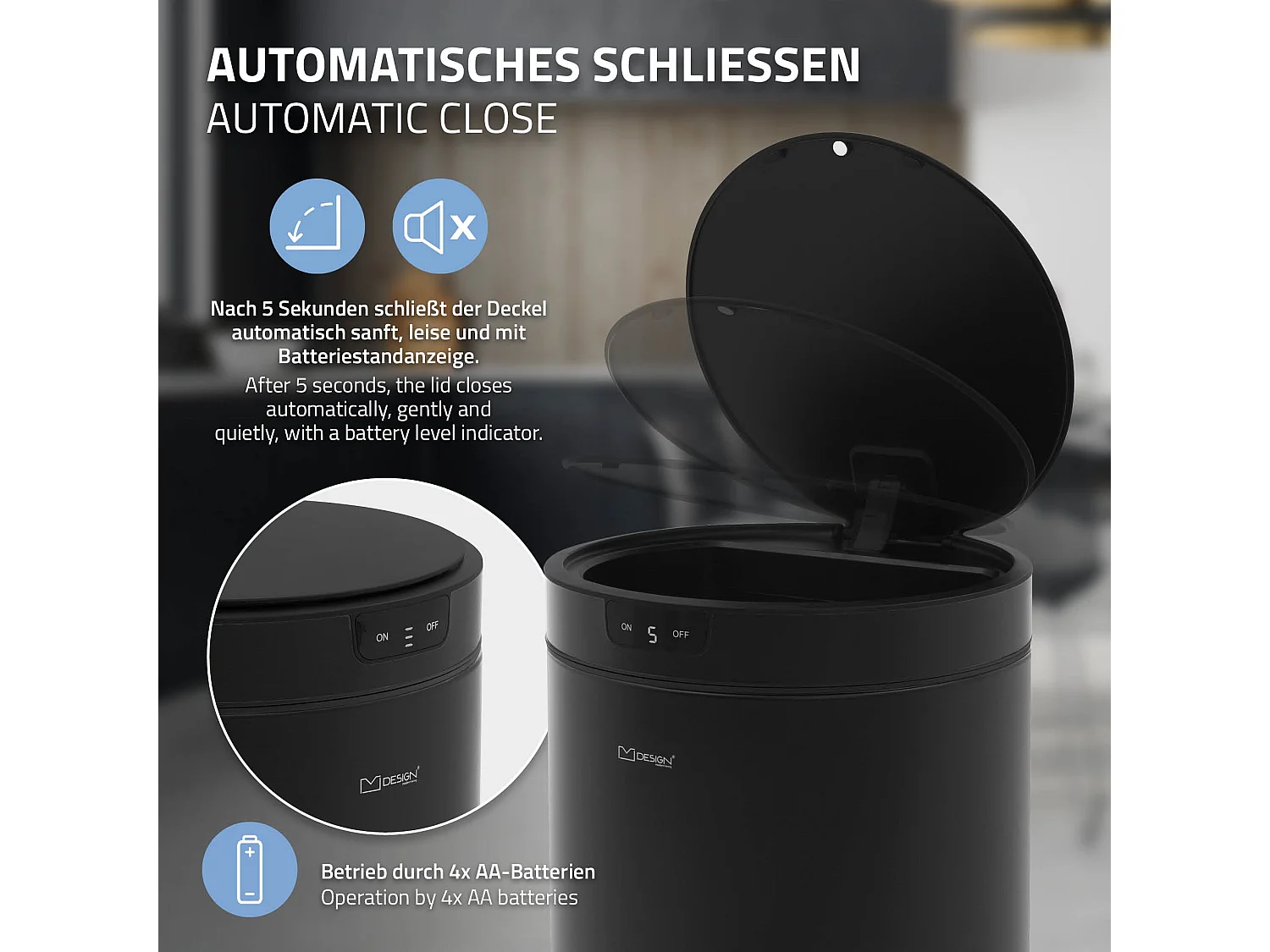 ML-Design Pattumiera automatica 40L, cestino per rifiuti con sensore rotondo in acciaio verniciato nero, anello per sacchetti, per cucina e ufficio