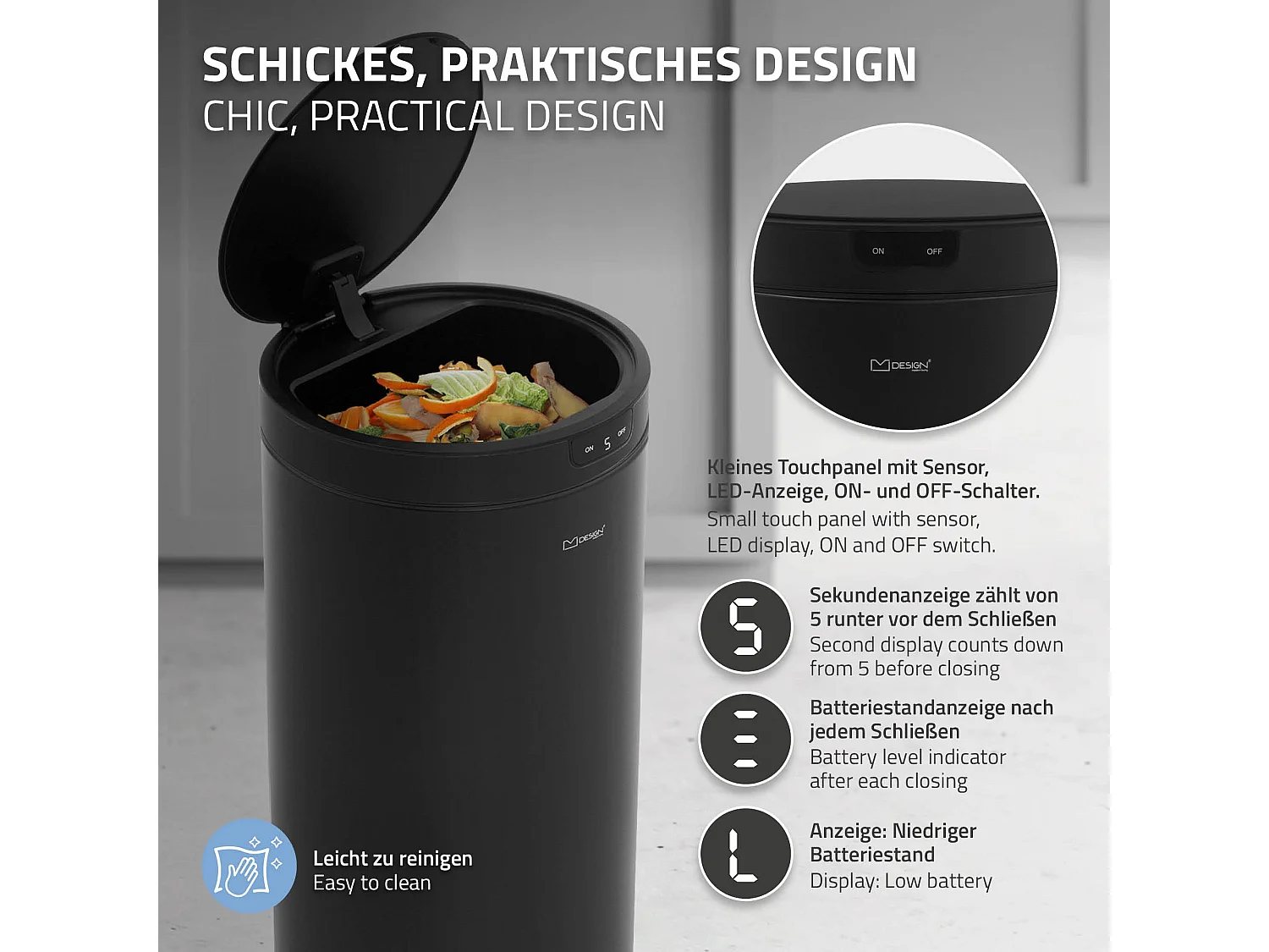 ML-Design Pattumiera automatica 40L, cestino per rifiuti con sensore rotondo in acciaio verniciato nero, anello per sacchetti, per cucina e ufficio