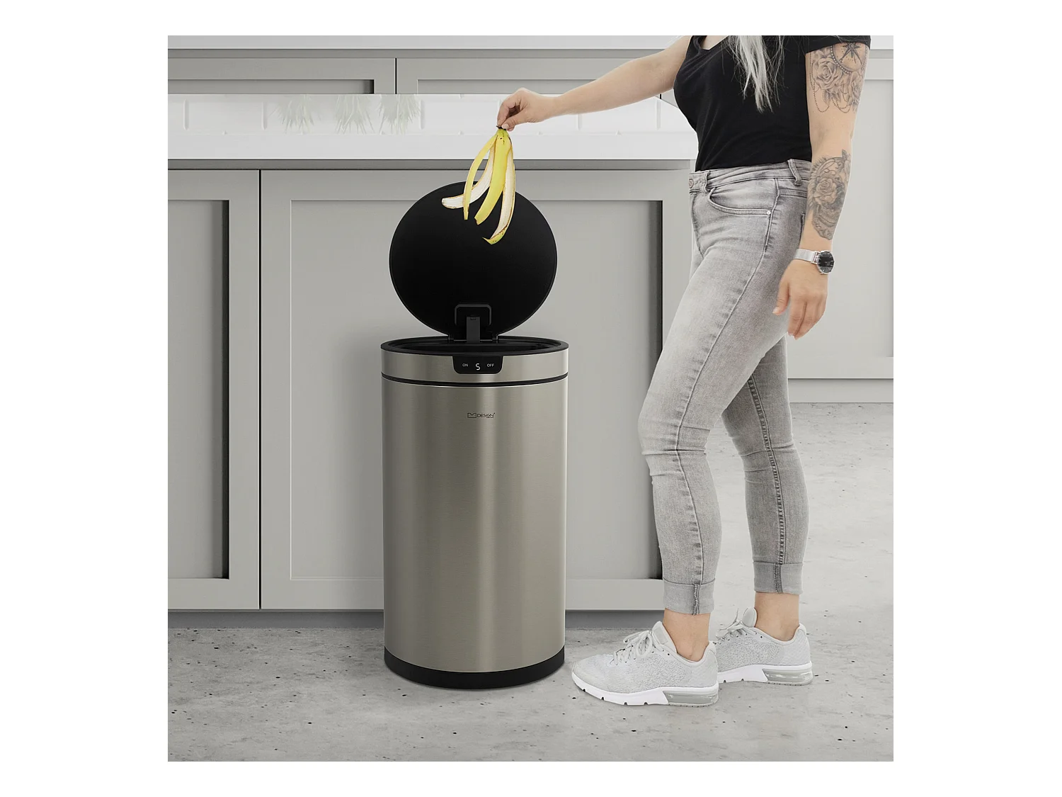 ML-Design Pattumiera automatica 30L, cestino per rifiuti con sensore rotondo in acciaio inox argentato, con anello per sacchetti, per cucina e ufficio