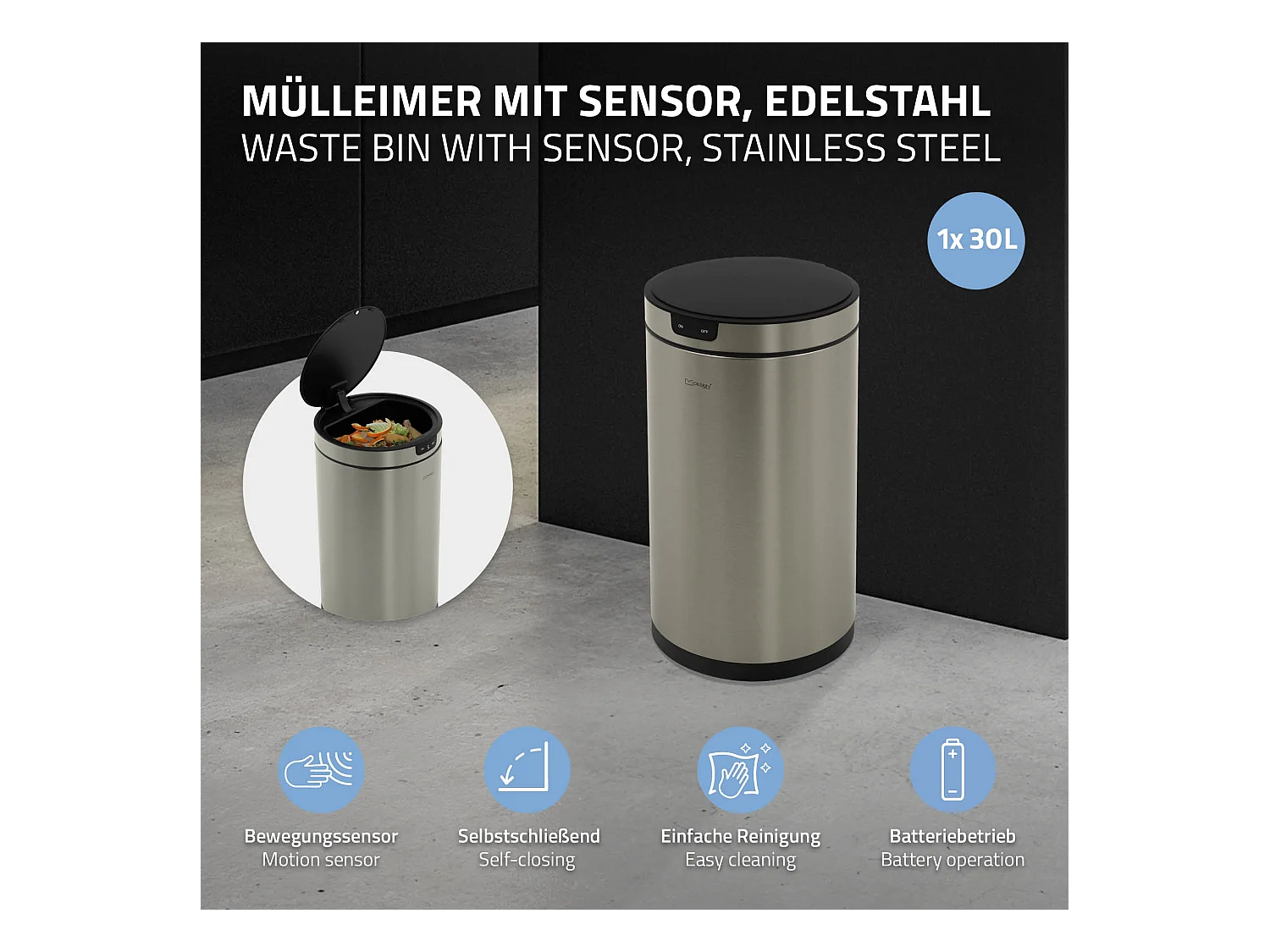 ML-Design Pattumiera automatica 30L, cestino per rifiuti con sensore rotondo in acciaio inox argentato, con anello per sacchetti, per cucina e ufficio