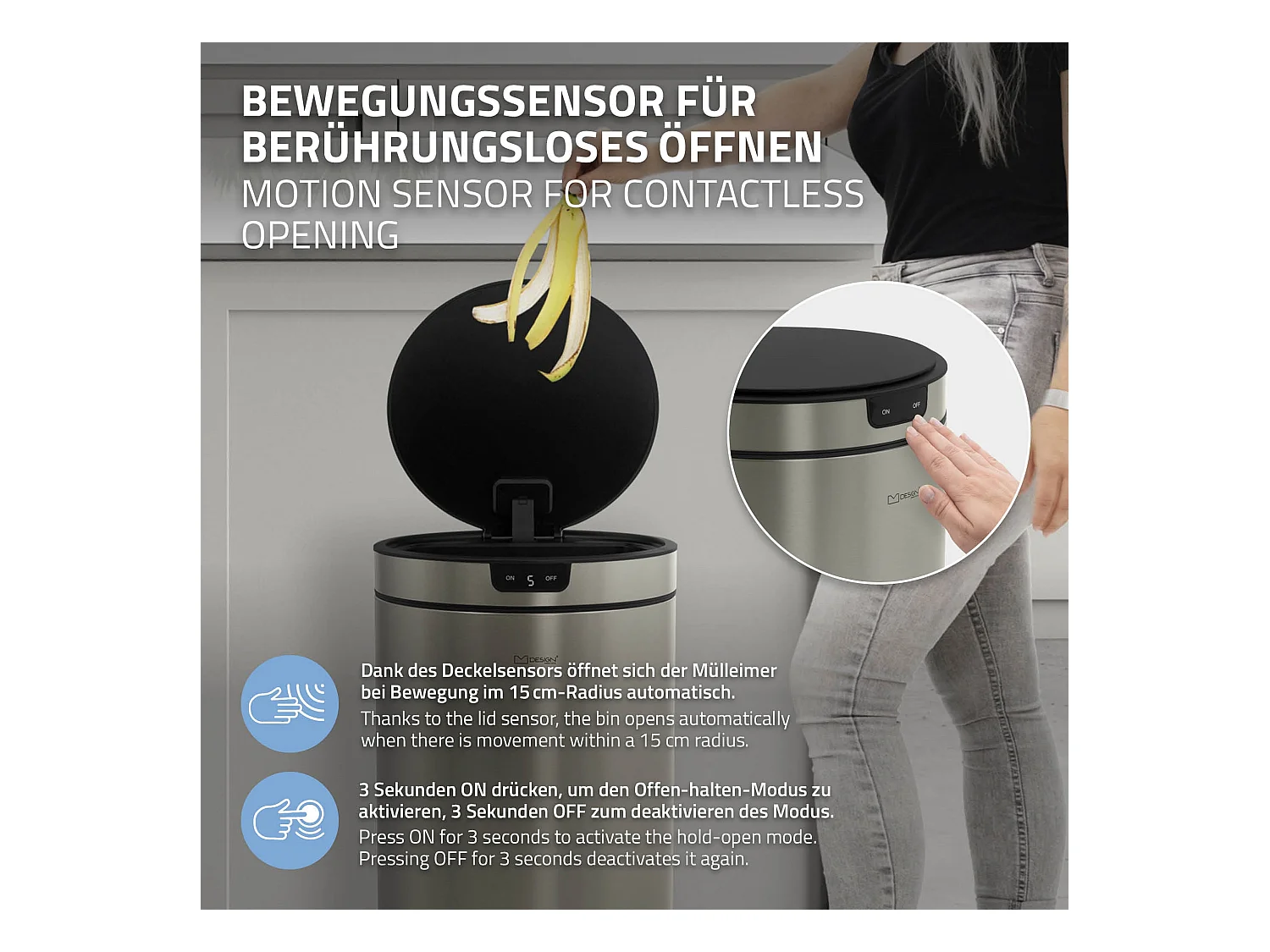 ML-Design Pattumiera automatica 30L, cestino per rifiuti con sensore rotondo in acciaio inox argentato, con anello per sacchetti, per cucina e ufficio