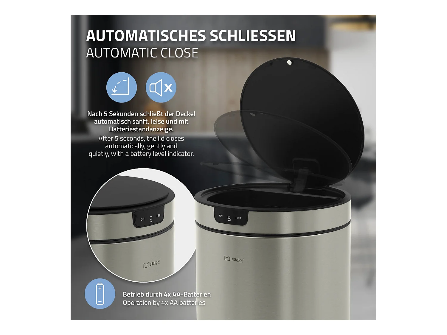 ML-Design Pattumiera automatica 30L, cestino per rifiuti con sensore rotondo in acciaio inox argentato, con anello per sacchetti, per cucina e ufficio