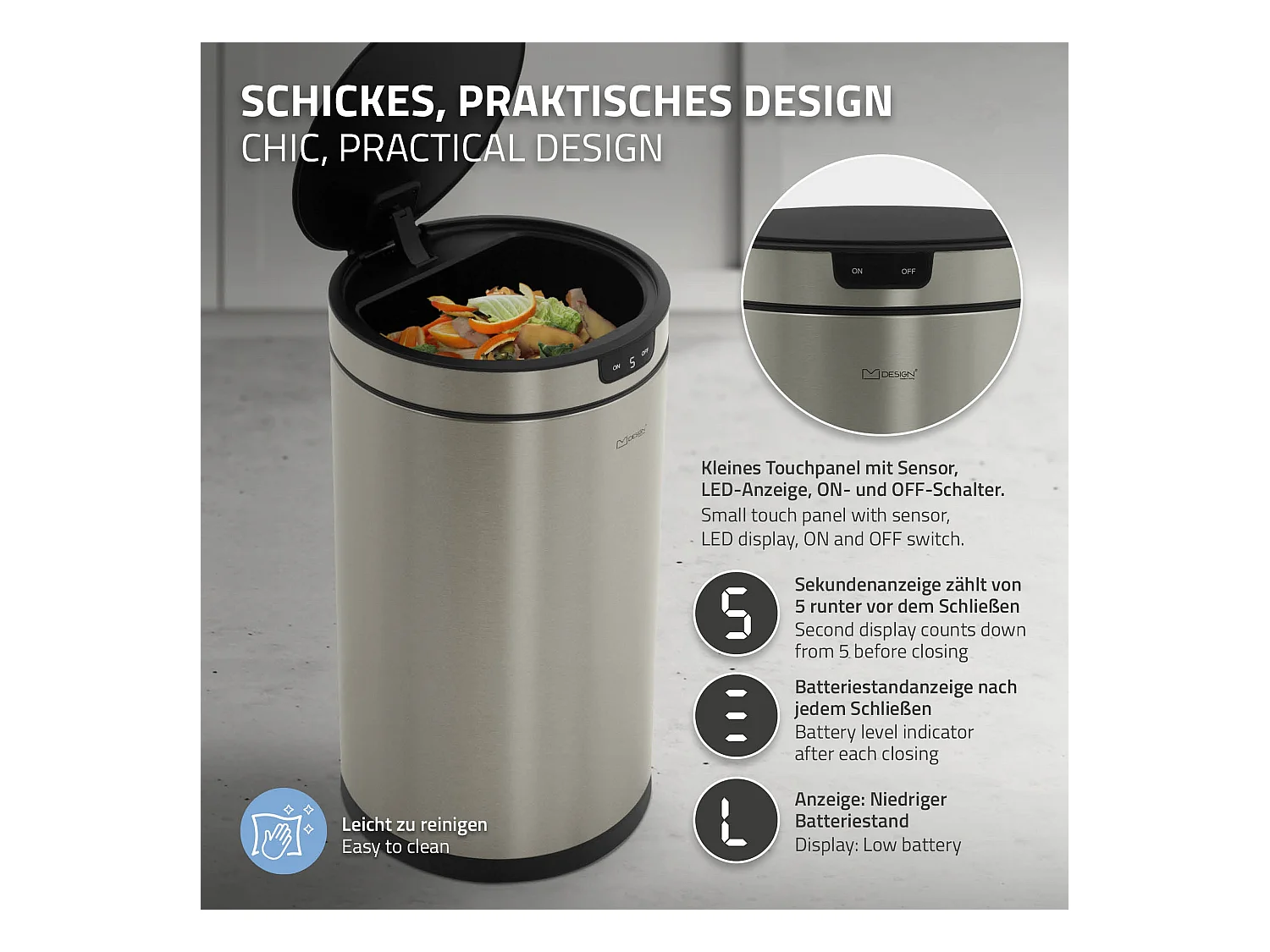 ML-Design Pattumiera automatica 30L, cestino per rifiuti con sensore rotondo in acciaio inox argentato, con anello per sacchetti, per cucina e ufficio