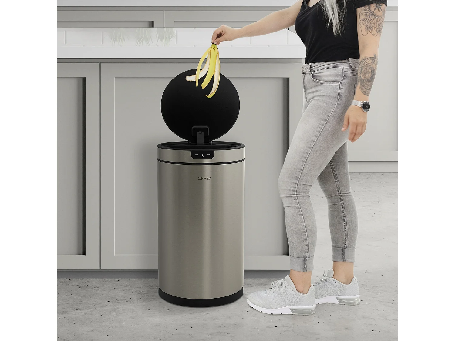 ML-Design Cubo de basura inteligente con sensor de movimiento 30L papelera redonda con apertura y cierre automática de acero plateado con pantalla LED