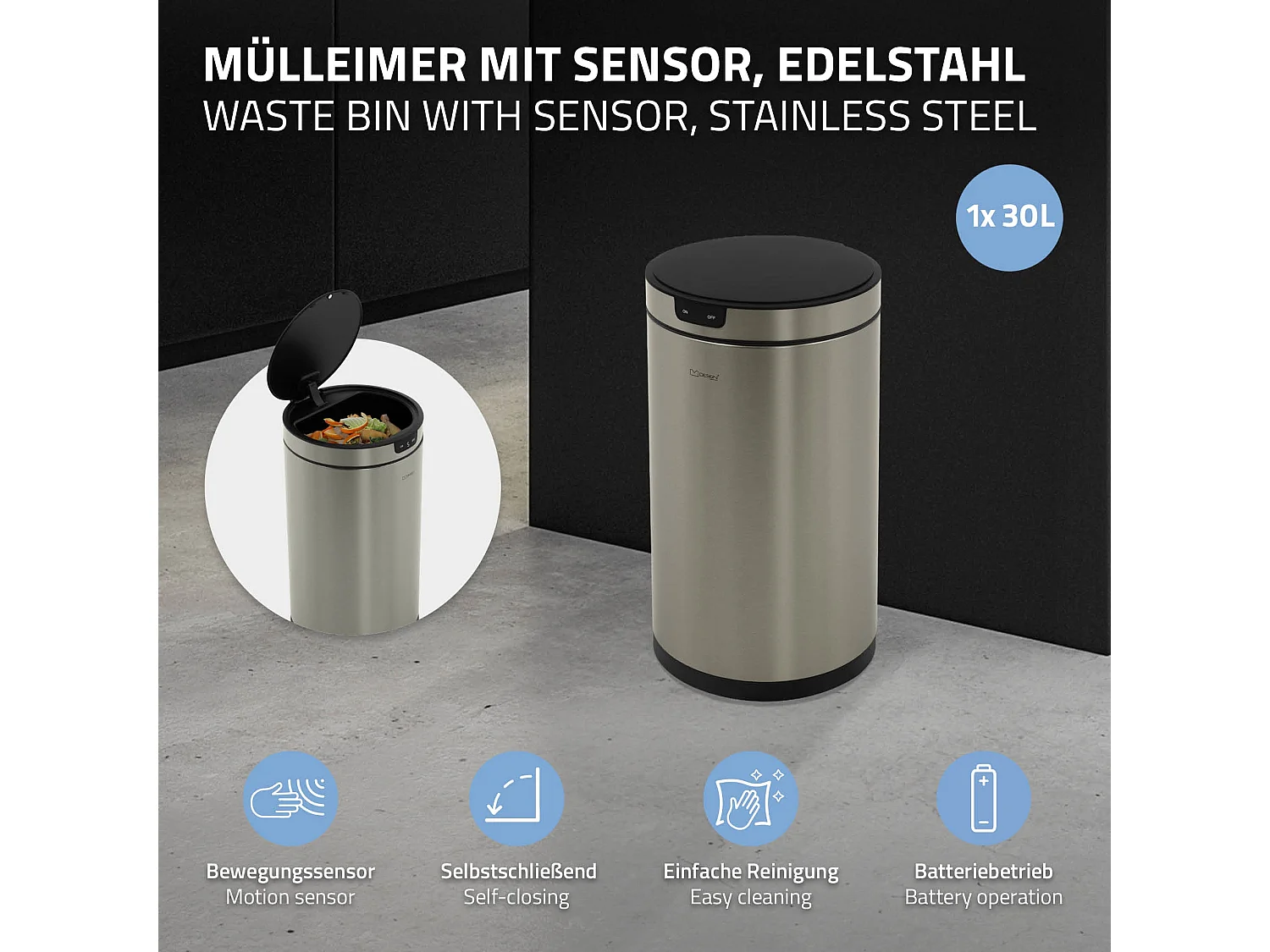 ML-Design Cubo de basura inteligente con sensor de movimiento 30L papelera redonda con apertura y cierre automática de acero plateado con pantalla LED